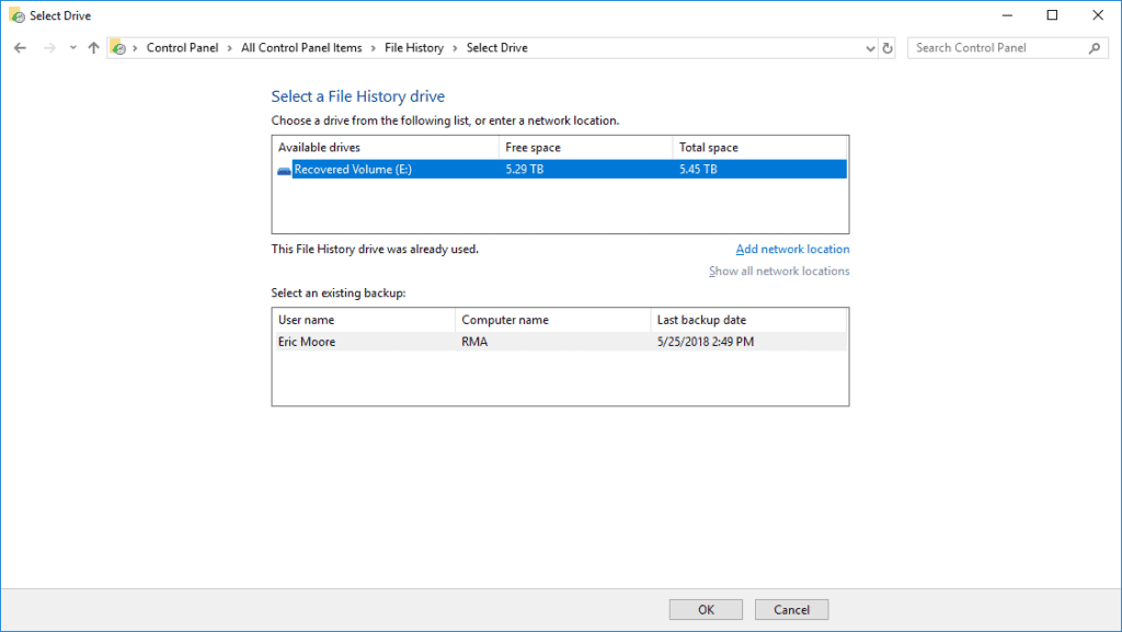 windows 10 file history add drive