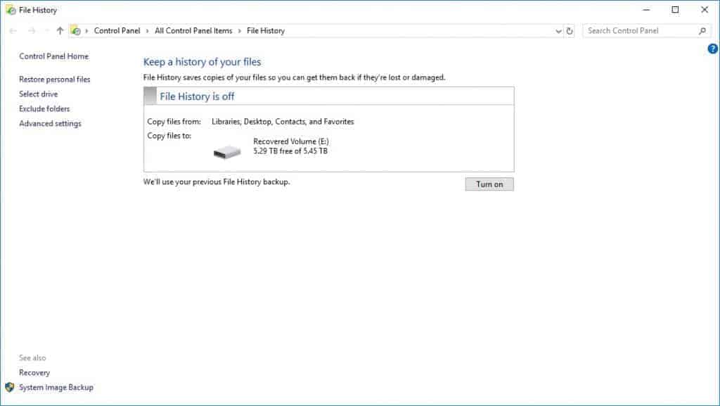windows 10 file history control panel